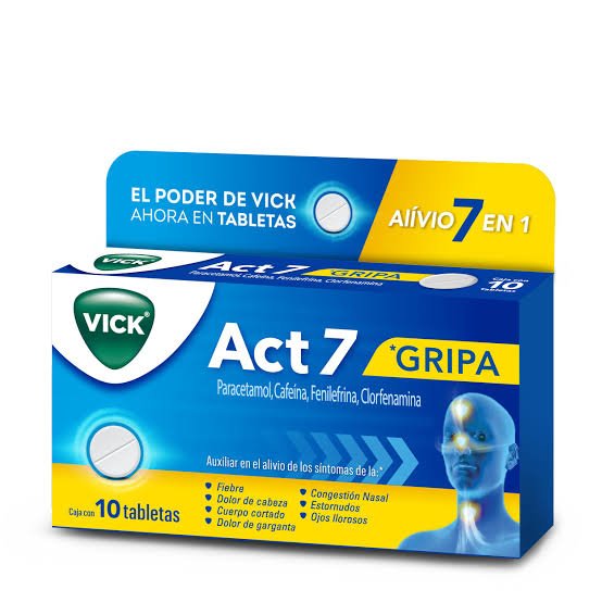 Act 7 VICK (Paracetamol, Cafeina, Fenilefrina, Clorfenamina) 10 tabletas